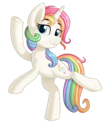 Size: 948x1111 | Tagged: safe, artist:thegamblehorse, deleted from derpibooru, derpibooru import, oc, oc:rainbow dream, unofficial characters only, pony, unicorn, female, mare, rainbow hair, simple background, solo, standing, standing on one leg, transparent background