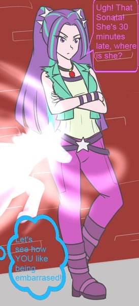 Size: 401x879 | Tagged: safe, artist:jonfawkes, artist:jrain9110, derpibooru import, part of a set, aria blaze, equestria girls, boots, high heel boots, human coloration, human to pony, imminent transformation, implied trixie, jewelry, magic, offscreen character, part of a series, pendant, raised leg, revenge, solo, speech bubble, thought bubble, transformation, transformation sequence, waiting