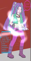 Size: 650x1274 | Tagged: safe, artist:jonfawkes, artist:jrain9110, derpibooru import, part of a set, aria blaze, equestria girls, boots, high heel boots, human coloration, human to pony, imminent transformation, implied trixie, jewelry, magic, offscreen character, part of a series, pendant, revenge, solo, speech bubble, startled, transformation, transformation sequence