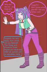 Size: 832x1277 | Tagged: safe, artist:jonfawkes, artist:jrain9110, derpibooru import, part of a set, aria blaze, equestria girls, boots, breasts, female, hand on belly, heat, high heel boots, human coloration, human to pony, implied trixie, jewelry, offscreen character, part of a series, pendant, revenge, solo, speech bubble, transformation, transformation sequence