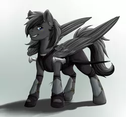 Size: 1024x953 | Tagged: safe, artist:alexispaint, derpibooru import, oc, oc:shadow, unofficial characters only, pegasus, pony, blue eyes, clothes, knee pads, male, simple background, smiling, solo, sword, weapon, wings