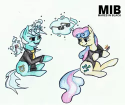 Size: 1500x1258 | Tagged: safe, artist:deltalix, derpibooru import, bon bon, lyra heartstrings, sweetie drops, earth pony, pony, unicorn, clothes, crossover, duo, magic, men in black, necktie, neuralizer, shirt, simple background, sunglasses, telekinesis, traditional art