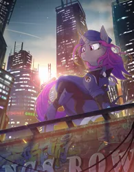 Size: 879x1125 | Tagged: safe, artist:redchetgreen, derpibooru import, ponified, pony, unicorn, ana amari, city, clothes, costume, crossover, female, graffiti, hat, looking down, mare, overwatch, scenery, serious, serious face, skyscraper, sunlight