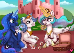 Size: 3850x2741 | Tagged: safe, artist:ladypixelheart, derpibooru import, majesty, princess celestia, princess luna, alicorn, pony, castle, crossover, dream castle, g1, g1 to g4, generation leap, happy, tea party, teacups