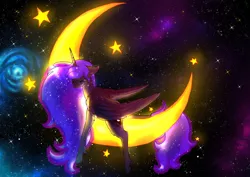 Size: 1024x724 | Tagged: safe, artist:crystalleye, derpibooru import, princess luna, alicorn, classical unicorn, pony, color porn, floppy ears, galaxy, leonine tail, moon, prone, solo, space, stars, tangible heavenly object, unshorn fetlocks