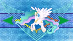 Size: 1920x1080 | Tagged: safe, artist:laszlvfx, artist:stabzor, derpibooru import, edit, princess celestia, alicorn, pony, crown, female, flying, jewelry, mare, regalia, smiling, solo, spread wings, vector, wallpaper, wallpaper edit, wings