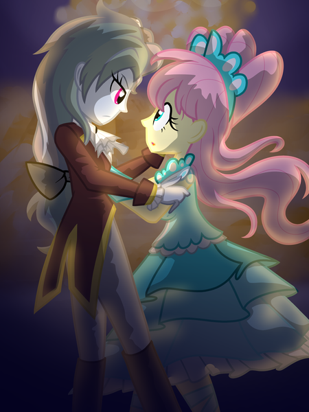 Size: 2100x2800 | Tagged: safe, artist:geraritydevillefort, derpibooru import, fluttershy, rainbow dash, the count of monte rainbow, equestria girls, clothes, crossover, dress, edmond dantes, i know those eyes, looking at each other, mercedes, rainbow dantes, shycedes, the count of monte cristo, this man is dead