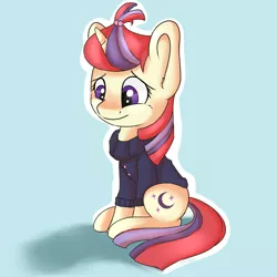 Size: 3000x3000 | Tagged: safe, artist:dbleki, derpibooru import, moondancer, pony, unicorn, blue background, blushing, clothes, cute, dancerbetes, female, fluffy, high res, looking down, mare, sad, sadorable, simple background, sitting, solo, sweater