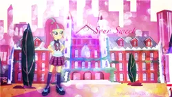 Size: 1920x1080 | Tagged: safe, artist:robocheatsy, derpibooru import, sour sweet, equestria girls, friendship games, bowtie, clothes, crystal prep academy, crystal prep academy uniform, freckles, hand on hip, school uniform, shoes, socks, solo, tree, wallpaper