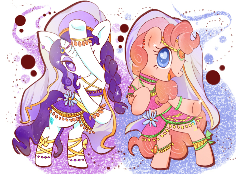 Size: 2480x1748 | Tagged: safe, artist:kumikoponylk, derpibooru import, pinkie pie, rarity, earth pony, pony, unicorn, spice up your life, belly dancer, duo, outfit, purple