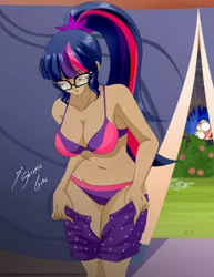 Size: 1024x1325 | Tagged: suggestive, artist:shinta-girl, derpibooru import, edit, flash sentry, sci-twi, twilight sparkle, human, equestria girls, belly button, bra, breasts, busty twilight sparkle, clothes, female, glasses, humanized, recolor, sexy, shorts, underwear, undressing