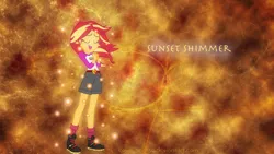 Size: 1920x1080 | Tagged: safe, artist:crimsumic, artist:robocheatsy, derpibooru import, sunset shimmer, equestria girls, legend of everfree, boots, camp everfree outfits, clothes, embrace the magic, eyes closed, female, open mouth, shirt, shorts, signature, singing, smiling, socks, solo, sun, wallpaper