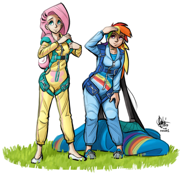 Size: 750x717 | Tagged: artist:theartrix, clothes, commission, derpibooru import, duo, fluttershy, human, humanized, jumpsuit, parachute, rainbow dash, safe, simple background, skydiving, transparent background