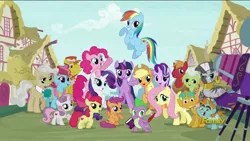 Size: 1920x1080 | Tagged: safe, derpibooru import, screencap, apple bloom, applejack, big macintosh, carrot cake, cup cake, fluttershy, granny smith, mayor mare, pinkie pie, rainbow dash, rarity, scootaloo, snails, snips, spike, starlight glimmer, sweetie belle, twilight sparkle, twilight sparkle (alicorn), alicorn, dragon, pony, unicorn, celestial advice, camera, colt, cutie mark crusaders, male, mane six, opening, opening credits