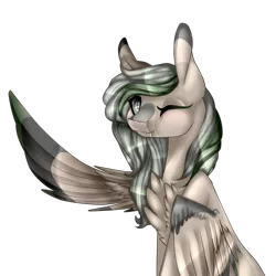 Size: 1024x1024 | Tagged: safe, artist:xxmissteaxx, derpibooru import, oc, oc:forest glow, unofficial characters only, pegasus, pony, art trade, chest fluff, female, looking at you, mare, one eye closed, simple background, smiling, solo, spread wings, transparent background, wings, wink