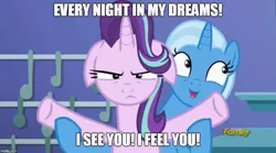 Size: 901x500 | Tagged: safe, derpibooru import, edit, edited screencap, screencap, starlight glimmer, trixie, pony, unicorn, all bottled up, annoyed, celine dion, cute, diatrixes, female, floppy ears, image macro, lesbian, mare, meme, my heart will go on, shipping, song reference, startrix, titanic, trixie's puppeteering, unamused