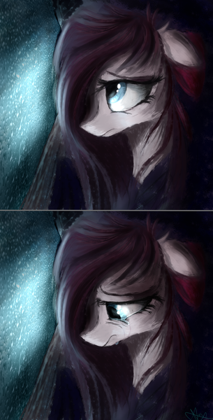 Size: 1008x1980 | Tagged: safe, artist:aurelleah, derpibooru import, oc, oc:aurelia freefeather, oc:aurelleah, oc:aurry, unofficial characters only, pegasus, pony, bow, clothes, crying, dark, depressed, feels, female, floppy ears, hair bow, looking down, looking up, mare, rain, sad, solo, sweater, tired, window