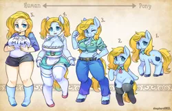 Size: 1600x1035 | Tagged: suggestive, artist:shepherd0821, derpibooru import, oc, oc:disorient, unofficial characters only, anthro, earth pony, human, pony, semi-anthro, unguligrade anthro, anthro chart, anthro oc, anthro with ponies, belly button, big breasts, bipedal, both cutie marks, breasts, chubby, cleavage, clothes, commission, female, human female, humanized oc, jeans, mare, mega milk, mega pony, meme, midriff, pants, plump, pony coloring, shirt, short shirt, solo, solo female, stockings, thigh highs