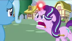 Size: 1920x1080 | Tagged: safe, derpibooru import, screencap, starlight glimmer, trixie, pony, unicorn, all bottled up, anger magic, angry, glowing horn, magic, quiet, ragelight glimmer, vein bulge