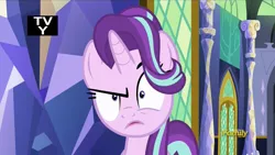 Size: 912x514 | Tagged: safe, derpibooru import, screencap, starlight glimmer, pony, all bottled up, annoyed, discovery family logo, reaction image, solo, starlight is not amused, tv-y, twilight's castle, unamused