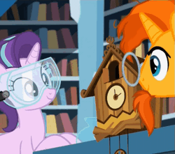 Size: 559x495 | Tagged: safe, derpibooru import, screencap, princess flurry heart, starlight glimmer, sunburst, alicorn, pony, unicorn, celestial advice, adorawat, animated, clock, cuckoo clock, cute, facial hair, female, flurrybetes, foal, gif, goatee, goggles, leaning, looking at something, loop, male, mare, open mouth, safety goggles, smiling, spread wings, stallion, wat, wings