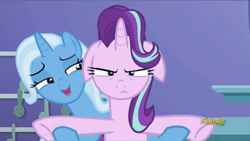 Size: 400x225 | Tagged: safe, derpibooru import, screencap, starlight glimmer, trixie, pony, all bottled up, animated, annoyed, cute, diatrixes, discovery family logo, floppy ears, gif, madorable, starlight is not amused, trixie's puppeteering, unamused