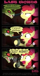 Size: 709x1338 | Tagged: semi-grimdark, artist:ponymaan, derpibooru import, edit, editor:eagle1division, apple bloom, chimera sisters, chimera, snake, somepony to watch over me, allahu akbar, bad end, comic, dark comedy, grenade, imminent death, multiple heads, open mouth, suicide, surprised, taking you with me, text, this will end in explosions, three heads, wide eyes