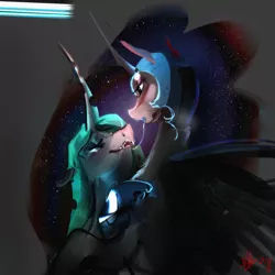 Size: 2000x2000 | Tagged: suggestive, artist:alumx, derpibooru import, nightmare moon, queen chrysalis, alicorn, changeling, changeling queen, pony, blushing, chrysmoon, drool, drool string, fangs, female, helmet, lesbian, looking at each other, mare, shipping, smiling