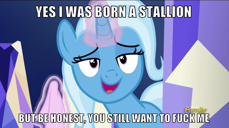 Size: 1280x720 | Tagged: suggestive, derpibooru import, edit, edited screencap, screencap, trixie, pony, all bottled up, bedroom eyes, caption, female, glowing horn, handkerchief, implications, implied sex, magic, mare, meme, telekinesis, trans girl, trans trixie, transgender