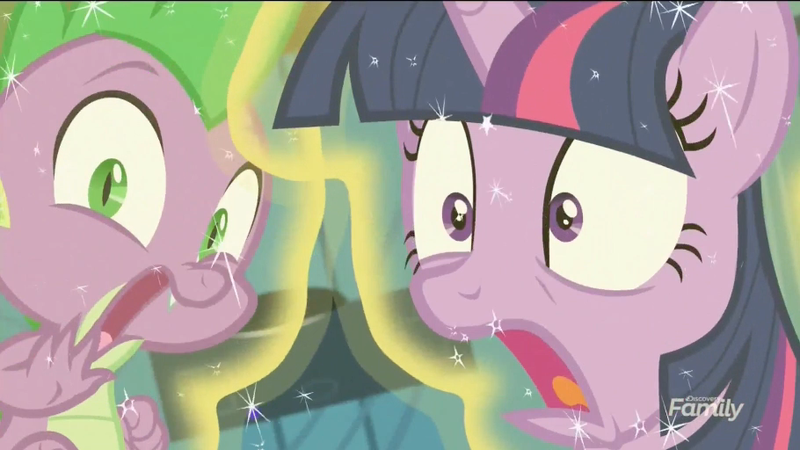 Size: 910x512 | Tagged: safe, derpibooru import, screencap, spike, twilight sparkle, twilight sparkle (alicorn), alicorn, dragon, pony, a flurry of emotions, discovery family logo, magic, shocked, telekinesis