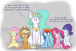 Size: 1280x853 | Tagged: safe, artist:heir-of-rick, derpibooru import, applejack, fluttershy, pinkie pie, princess celestia, rainbow dash, rarity, alicorn, pony, all bottled up, celestial advice, cute, cutelestia, drama, female, floppy ears, gray background, mare, simple background, sketch, starlight drama