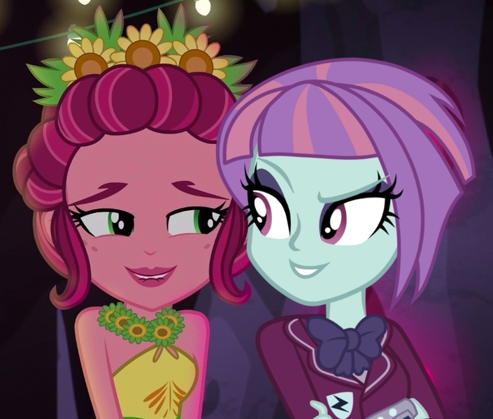 Size: 724x616 | Tagged: safe, artist:themexicanpunisher, artist:xmirlon, derpibooru import, edit, edited screencap, screencap, gloriosa daisy, sunny flare, equestria girls, friendship games, legend of everfree, bowtie, clothes, crystal gala, crystal prep academy uniform, dress, female, flower, flower in hair, lip bite, school uniform