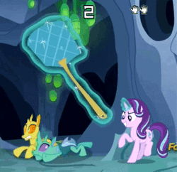 Size: 349x338 | Tagged: safe, derpibooru import, edit, screencap, clypeus, starlight glimmer, changedling, changeling, pony, unicorn, celestial advice, >:d, abuse, animated, disguise, disguised changeling, fake starlight glimmer, flyswatter, gif, gnat attack, magic, mario paint, meme, reference, screen shake, telekinesis, we are going to hell
