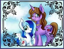 Size: 926x720 | Tagged: safe, artist:animechristy, derpibooru import, oc, oc:lavender pages, oc:sapphire heart song, unofficial characters only, pegasus, pony, unicorn, bust, duo, female, filly, glasses, hair over one eye, looking at you, mare, mother and daughter, portrait, raised hoof