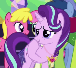 Size: 522x468 | Tagged: safe, derpibooru import, screencap, blues, cherry berry, noteworthy, starlight glimmer, thorax, twinkleshine, changedling, changeling, earth pony, pony, unicorn, celestial advice, animated, background pony, boop, cropped, cute, equestrian pink heart of courage, female, gif, jewelry, king thorax, laughing, lidded eyes, loop, male, mare, necklace, pendant, self-boop, smiling, solo focus