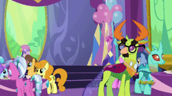 Size: 902x503 | Tagged: safe, derpibooru import, screencap, blues, caramel, carrot top, cornicle, golden harvest, noteworthy, thorax, changedling, changeling, pony, celestial advice, animated, discovery family logo, gif, groucho mask, king thorax, master of disguise, the thoraxguise