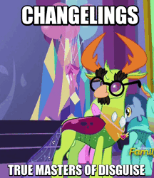 Size: 424x490 | Tagged: animated, blues, caption, celestial advice, changedling, changeling, cornicle, derpibooru import, discovery family logo, edit, edited screencap, equestrian pink heart of courage, gif, glasses, groucho marx, groucho mask, image macro, king thorax, meme, noteworthy, paper-thin disguise, safe, screencap, solo, the thoraxguise, thorax