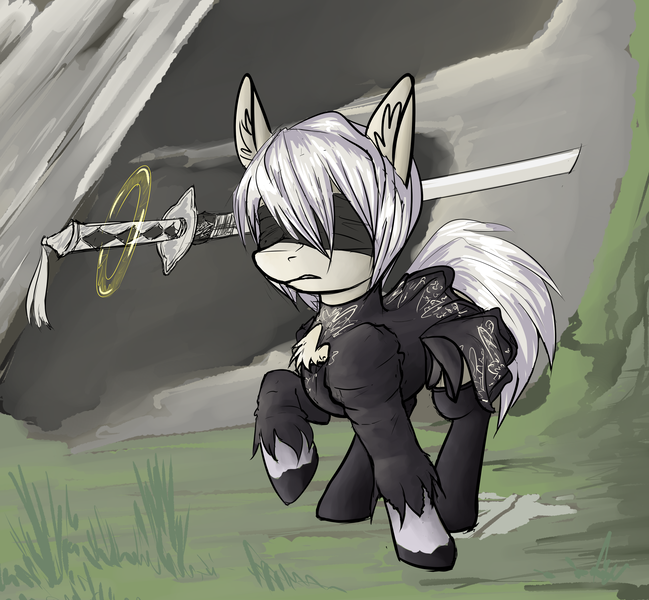 Size: 3308x3056 | Tagged: safe, artist:duop-qoub, derpibooru import, android, earth pony, pony, 2b, blindfold, chest fluff, clothes, dress, ear fluff, female, frown, gritted teeth, gynoid, magic, magic circle, mare, nier, nier: automata, raised hoof, socks, solo, sword, weapon