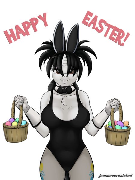 Size: 2400x3200 | Tagged: alternate version, anthro, artist:jcosneverexisted, both cutie marks, breasts, bunny ears, bunny suit, clothes, derpibooru import, easter, easter egg, female, leotard, nudity, oc, oc:spiky flair, pantyhose, solo, suggestive, unofficial characters only