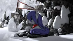 Size: 2560x1440 | Tagged: safe, artist:redaceofspades, derpibooru import, rarity, pony, 3d, abandoned, building, clothes, crying, flag, mountain, poster, sad, scarf, snow, solo, source filmmaker