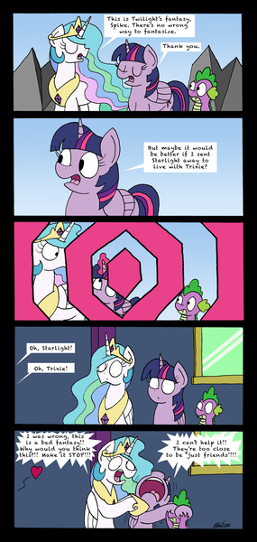 Size: 2480x5213 | Tagged: suggestive, artist:bobthedalek, derpibooru import, princess celestia, spike, twilight sparkle, twilight sparkle (alicorn), alicorn, dragon, pony, celestial advice, absurd resolution, comic, covering eyes, dialogue, heart, implied lesbian, implied sex, implied shipping, implied starlight glimmer, implied startrix, implied trixie, just friends, parody, scene parody, shipper on deck, there is no wrong way to fantasize, twilight the shipper