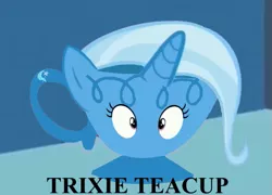 Size: 565x407 | Tagged: all bottled up, artist:wisdomvision f., blue, cup, cute, derpibooru import, i have no mouth and i must scream, inanimate tf, irony, objectification, safe, teacup, teacupified, that pony sure does love teacups, transformation, trixie, trixie teacup