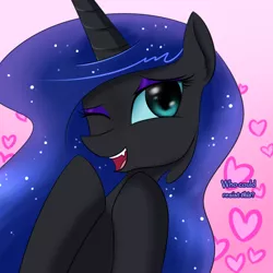 Size: 750x750 | Tagged: safe, artist:its-gloomy, derpibooru import, nightmare moon, alicorn, pony, tumblr:ask queen moon, heart, moonabetes, nicemare moon, one eye closed, pretty princess, smiling, solo, wink