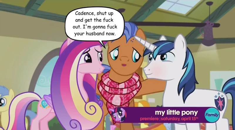Size: 1280x710 | Tagged: questionable, derpibooru import, edit, edited screencap, screencap, princess cadance, shining armor, spearhead, alicorn, pegasus, pony, a flurry of emotions, bisexual, blushing, cuckold, dialogue, gay, gay in front of girls, male, meme, ohjoysextoy, princess cuckdance, spearmor, spoiler, vulgar