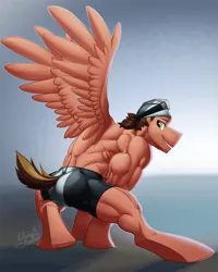 Size: 1002x1252 | Tagged: anthro, artist:ponyanony, clothes, derpibooru import, flexing, hat, male, muscles, oc, oc:swiftdust, partial nudity, pegasus, safe, solo, stallion, swimming cap, topless, unguligrade anthro, unofficial characters only, wings