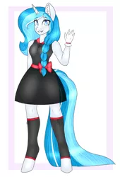 Size: 1500x2200 | Tagged: safe, artist:mirisihlon3, derpibooru import, oc, oc:bubble lee, unofficial characters only, anthro, unguligrade anthro, unicorn, anthro oc, clothes, dress, female, gift art, looking at you, mare, smiling, solo