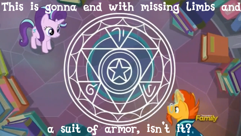 Size: 1256x709 | Tagged: safe, derpibooru import, screencap, starlight glimmer, sunburst, pony, celestial advice, alchemy, alphonse elric, book, chalk, edward elric, fullmetal alchemist, magic, magic circle, meme, reference, simpsons did it, the simpsons, this will end in losing body parts, this will end in tears and/or death, this will end with two hooves missing and a walking suit of armor, transmutation circle