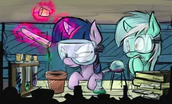 Size: 2631x1589 | Tagged: safe, artist:breakdream, derpibooru import, lyra heartstrings, twilight sparkle, pony, unicorn, celestial advice, chemistry, duo, female, filly, filly lyra, filly twilight sparkle, goggles, lab, potion, safety goggles, test tube, younger