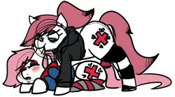 Size: 1761x978 | Tagged: artist:/d/non, biting, clothes, derpibooru import, ear bite, eyeshadow, female, heartheart, hoodie, makeup, nurse redheart, safe, selfcest, self ponidox, shipping, simple background, socks, striped socks, white background