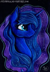 Size: 1024x1453 | Tagged: artist:julunis14, bust, derpibooru import, portrait, princess luna, safe, simple background, solo, traditional art